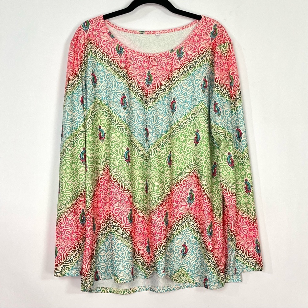 Long Sleeve Pink Green Chevron Paisley Floral Print Silky Top Sz XL